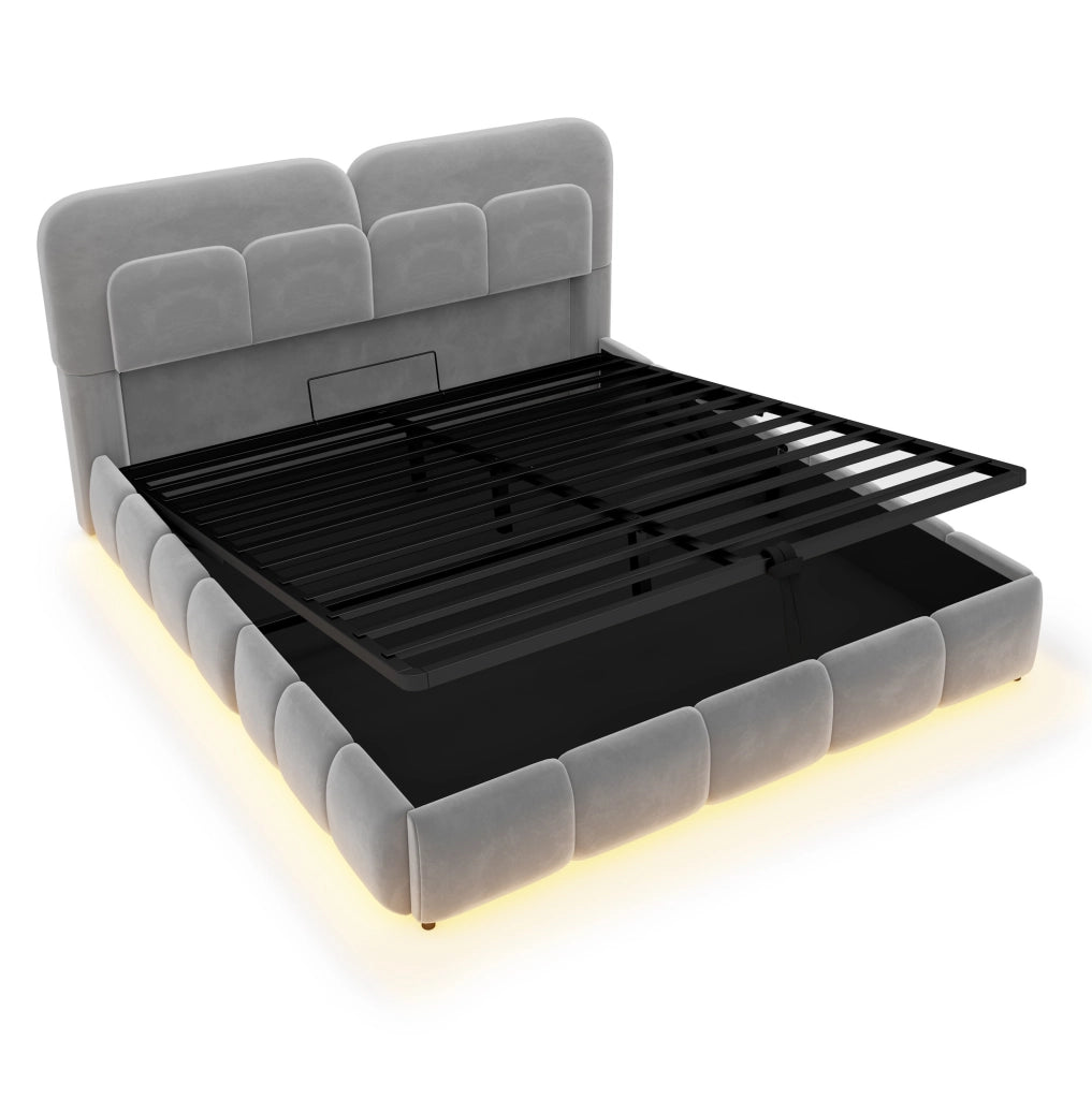 Letto matrimoniale imbottito 140x200 cm in velluto grigio con contenitore idraulico e LED