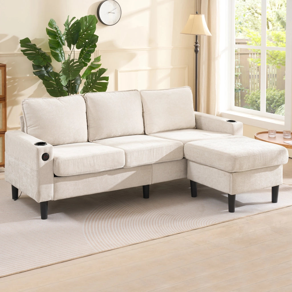 OKWISH Divano ad Angolo con USB e USB-C, Portabicchieri e Tasche Laterali, Pouf Modulare, Lino Beige 202 x 137 x 80 cm