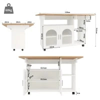 Isola cucina moderna con spazio di conservazione e armadietti con ante in vetro, 120×30×79,5 cm, Bianco e Legno