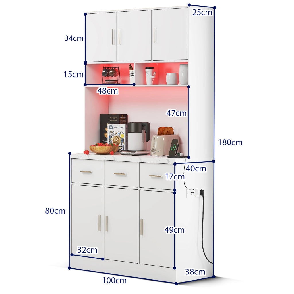 Credenza 100x40x180 cm con illuminazione LED; prese USB; MDF bianco
