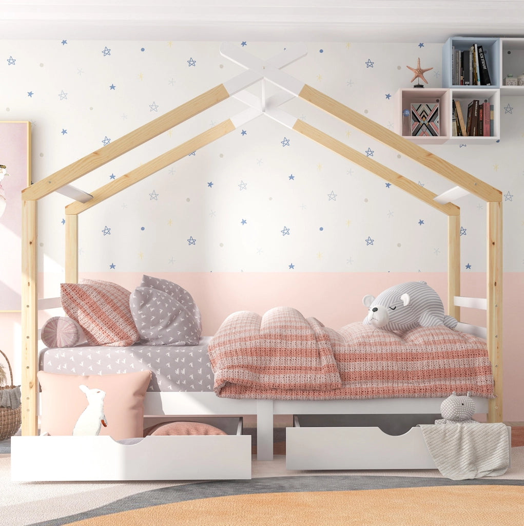 Letto casetta 90x200 cm; con cassetti; legno e MDF; bianco (Senza materasso)