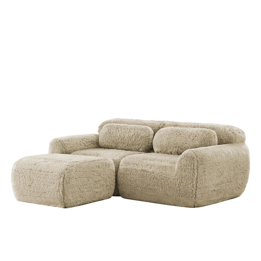 Divano Angolare 2 Posti ¨C Xylo ¨C Tessuto Plush Morbido, Modulare, con Cuscini, Beige Chiaro