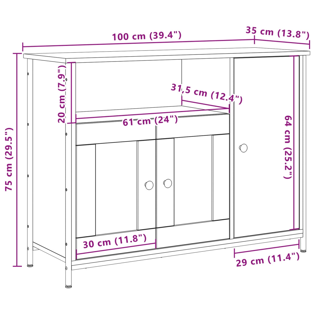 Credenza in Legno Invecchiato 100x35x75 cm Legno Ingegnerizzato