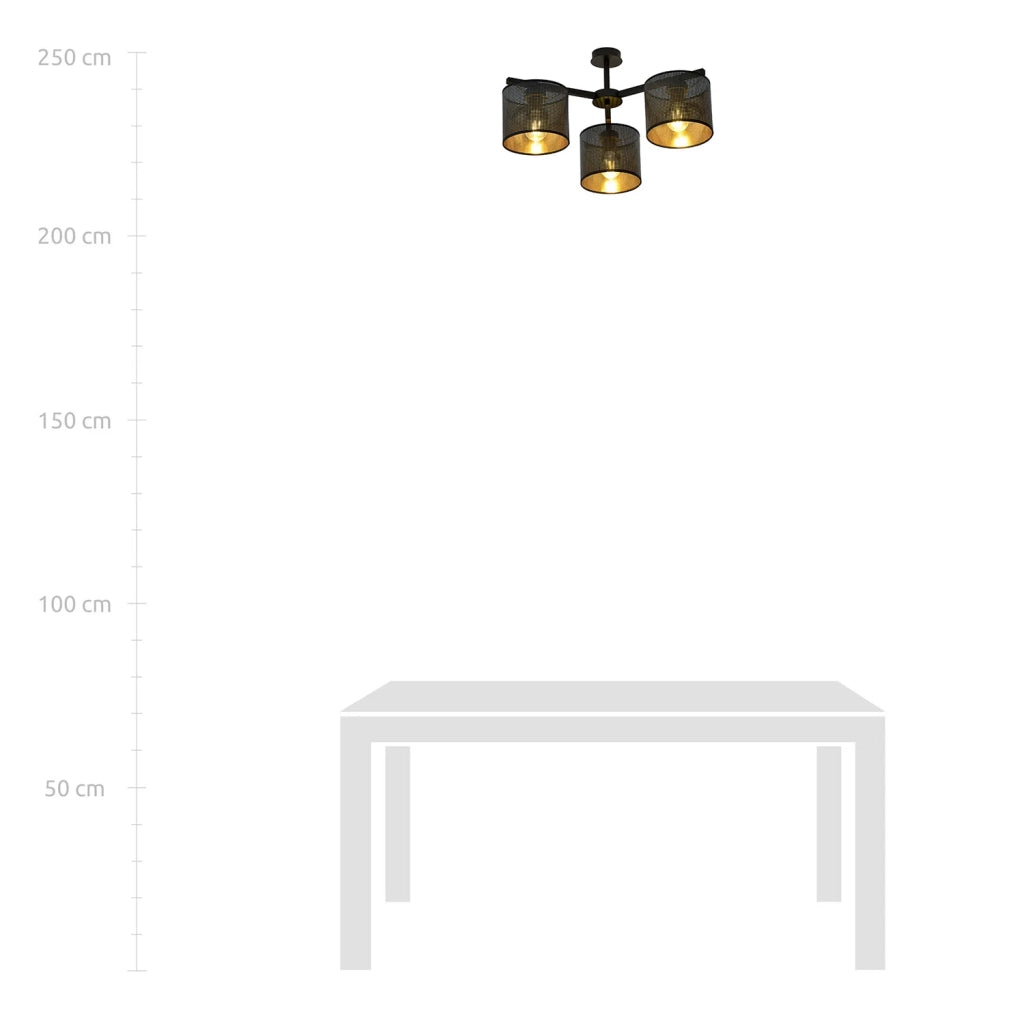 Plafoniera Industrial 3 Luci Cigno In Acciaio Nero E Paralumi A Cilindro Oro