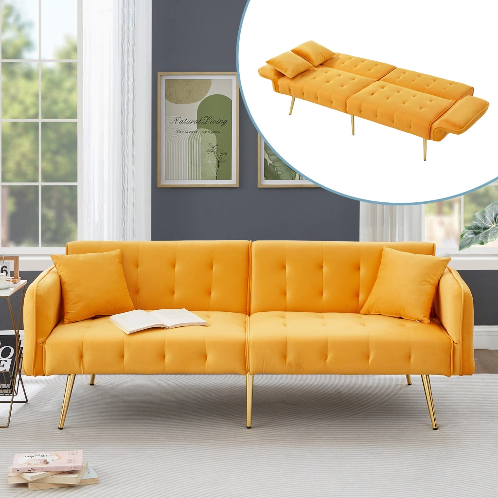 OKWISH Divano Letto 2 Posti, Schienali e Braccioli Regolabili, con Cuscini, Velluto ed Espanso, Giallo