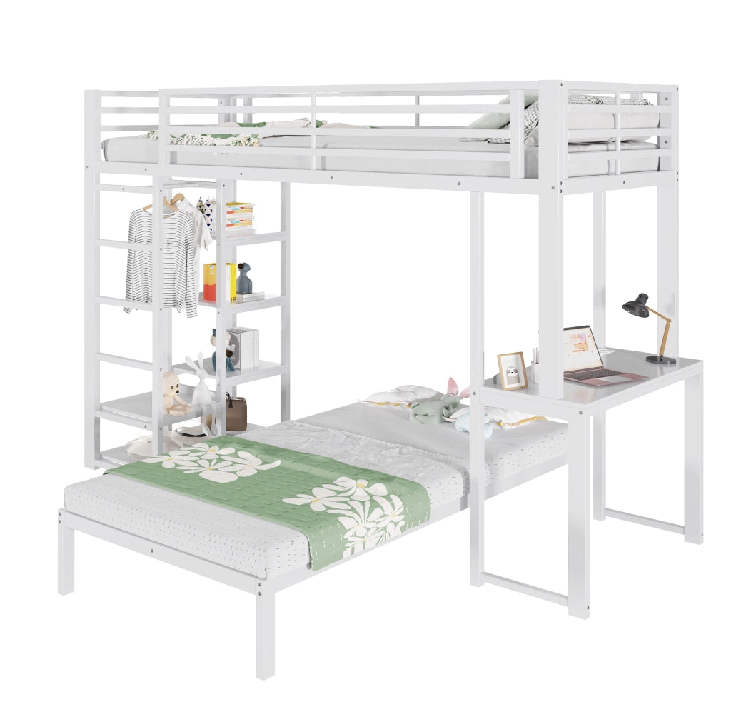 Letto a soppalco 90x200 cm con scrivania e scaffali bianco