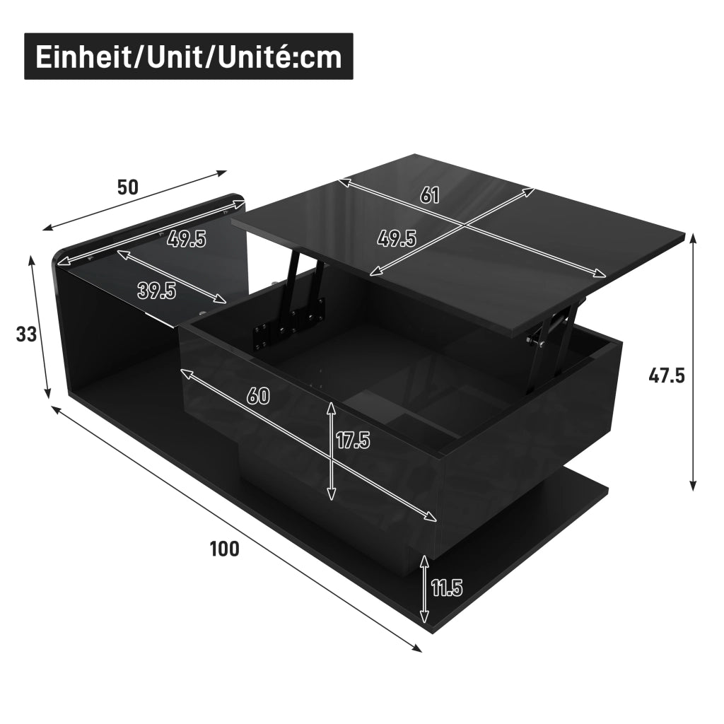 TAVOLINO DA SALOTTO ALZABILE 100x50x33/47,5 cm NERO LUCIDO CON LED
