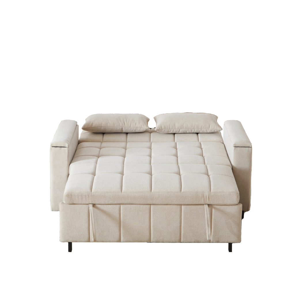 Divano letto 2 posti estraibile con contenitore nei braccioli e tasche laterali in ciniglia beige