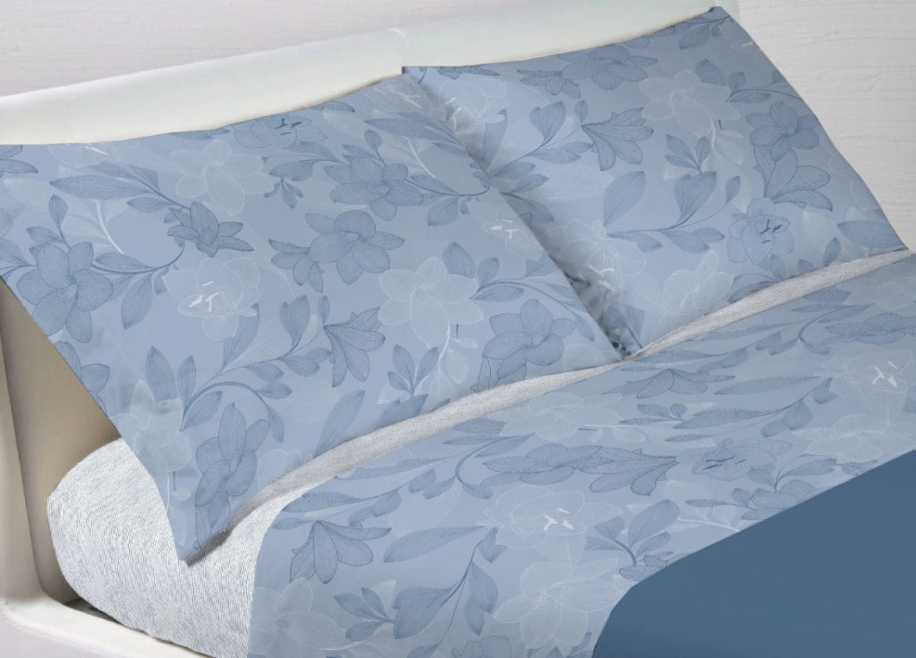 Completo Lenzuola Letto In 100% Cotone Made Italy Disegno Lily - Francese - Blu