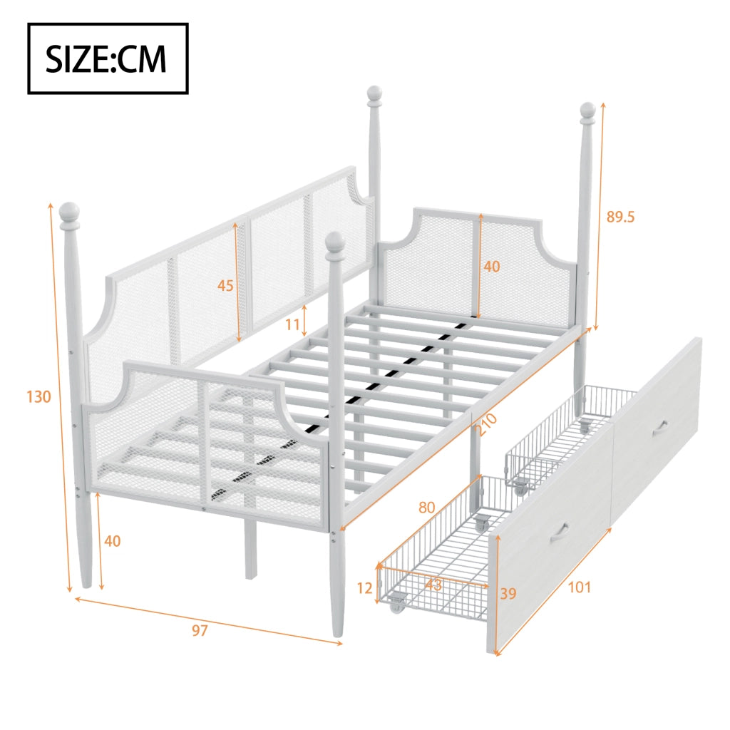 Letto a Divanetto 90x200 cm; Letto Singolo con 2 Cassetti - in Metallo - Bianco