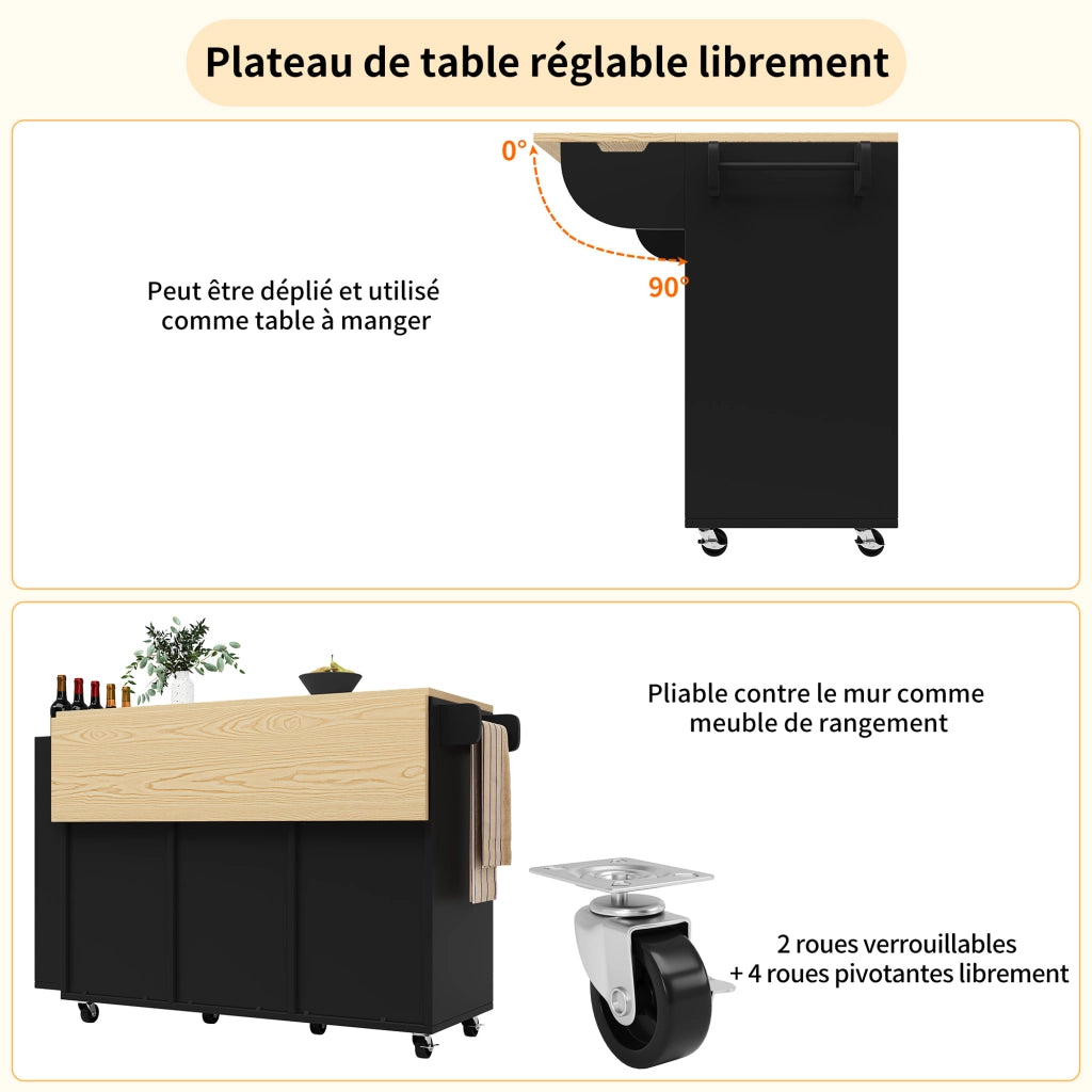 Carrello da Cucina 3 Cassetti 2 Ante Scorrevoli Piano Ribaltabile con Ruote in MDF Nero