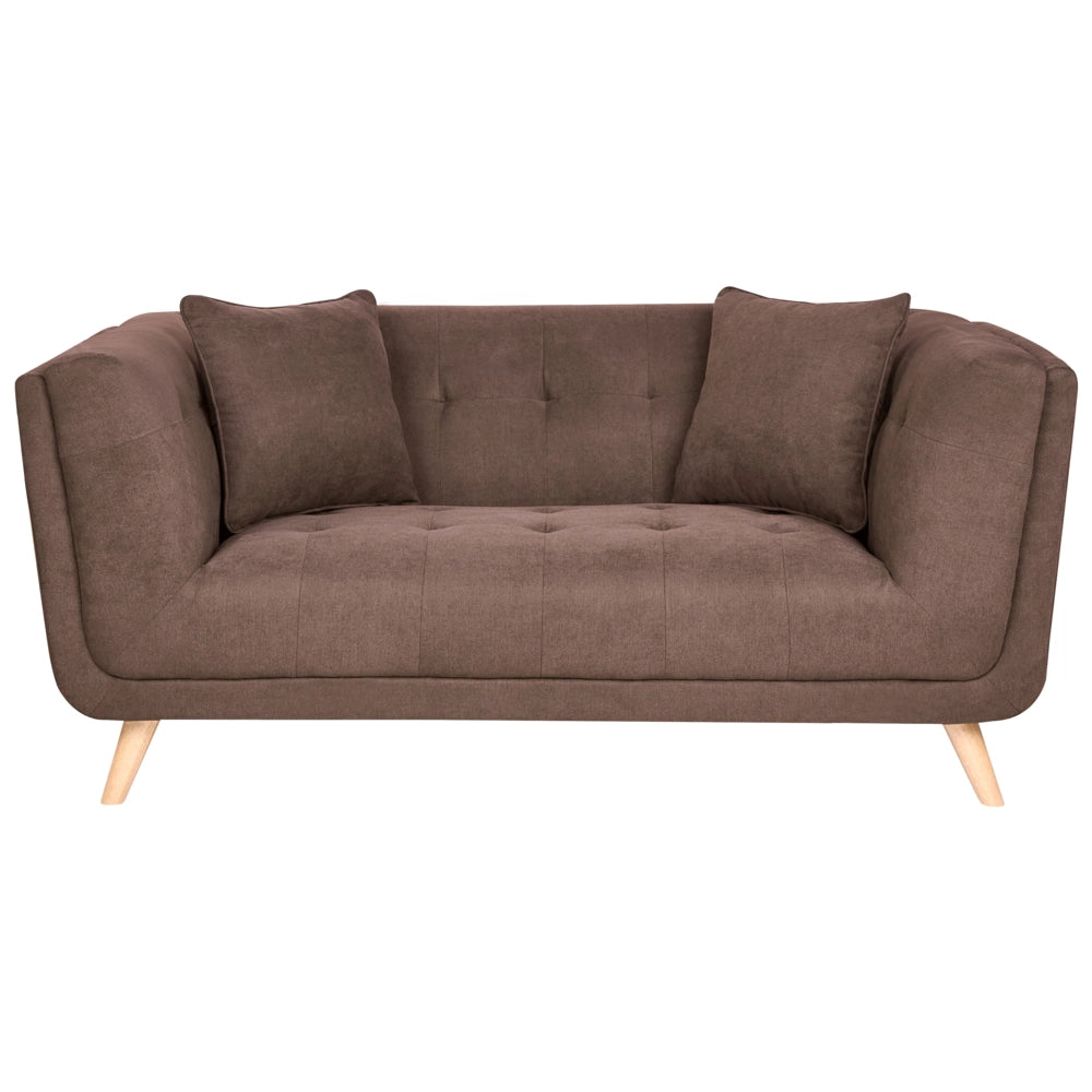 Divano a 2 posti in tessuto con cuscini decorativi, gambe in legno e trapuntatura decorativa, stile retrò marrone scuro