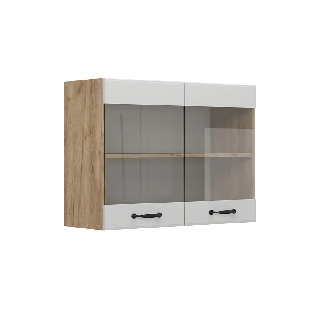 Mobile da cucina in vetro R-Line Bianco rustico/Rovere dorato 80 cm Vicco