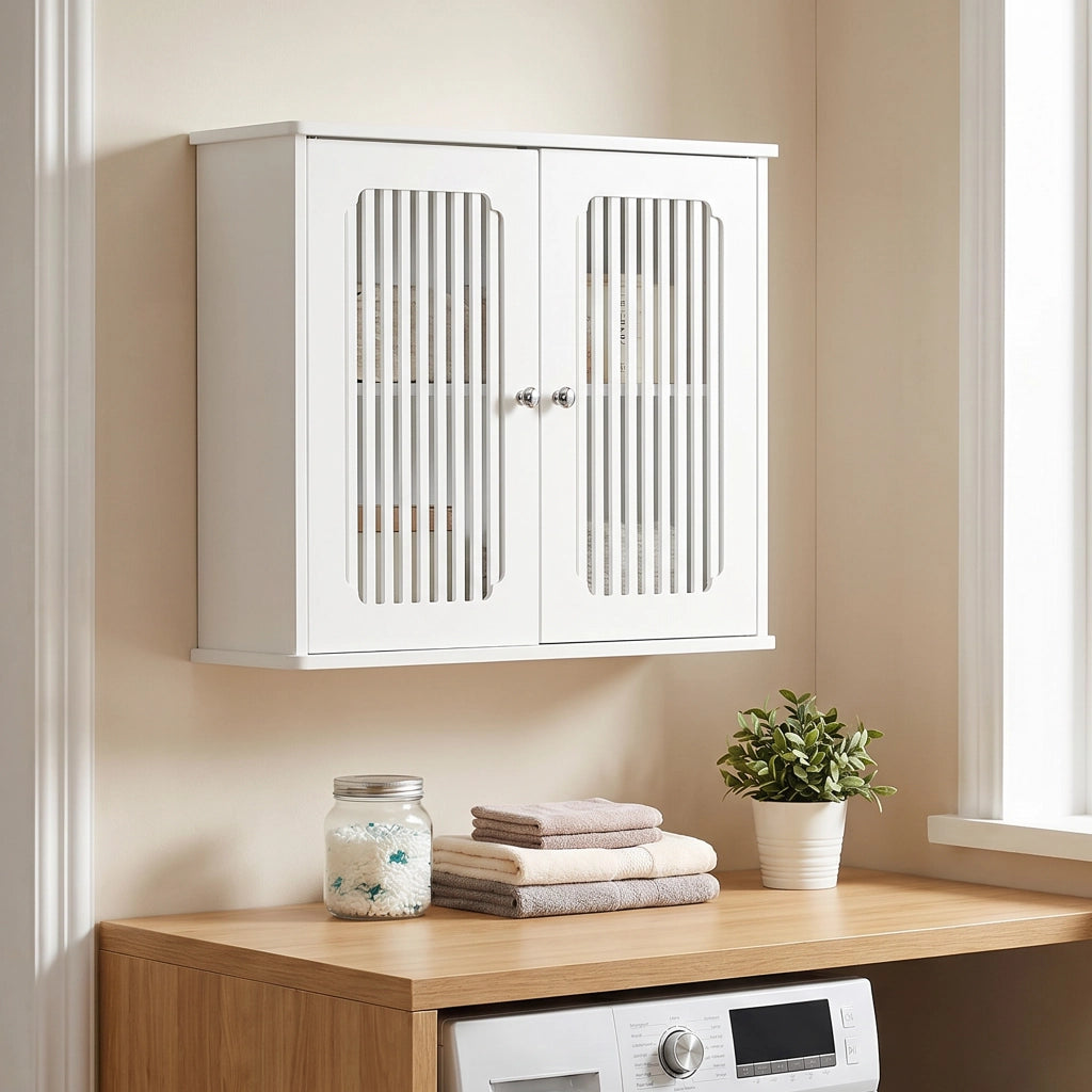 Armadietto da bagno pensile con 2 ante a lamelle, in MDF e truciolare, per bagno, bianco, 69,3 × 43,8 × 11 cm