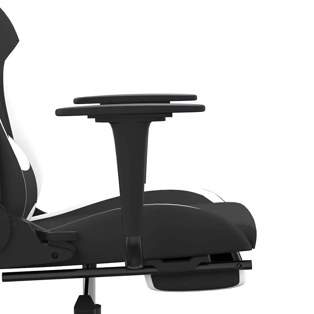 Sedia da Gaming Massaggio e Poggiapiedi Tessuto Nero e Bianco