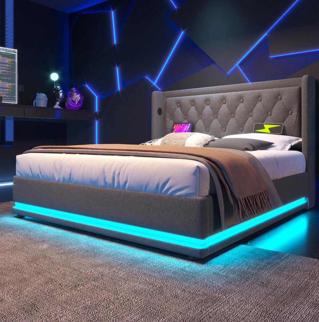 Letto matrimoniale contenitore 160x200 cm in cotone grigio con LED; USB e Type-C