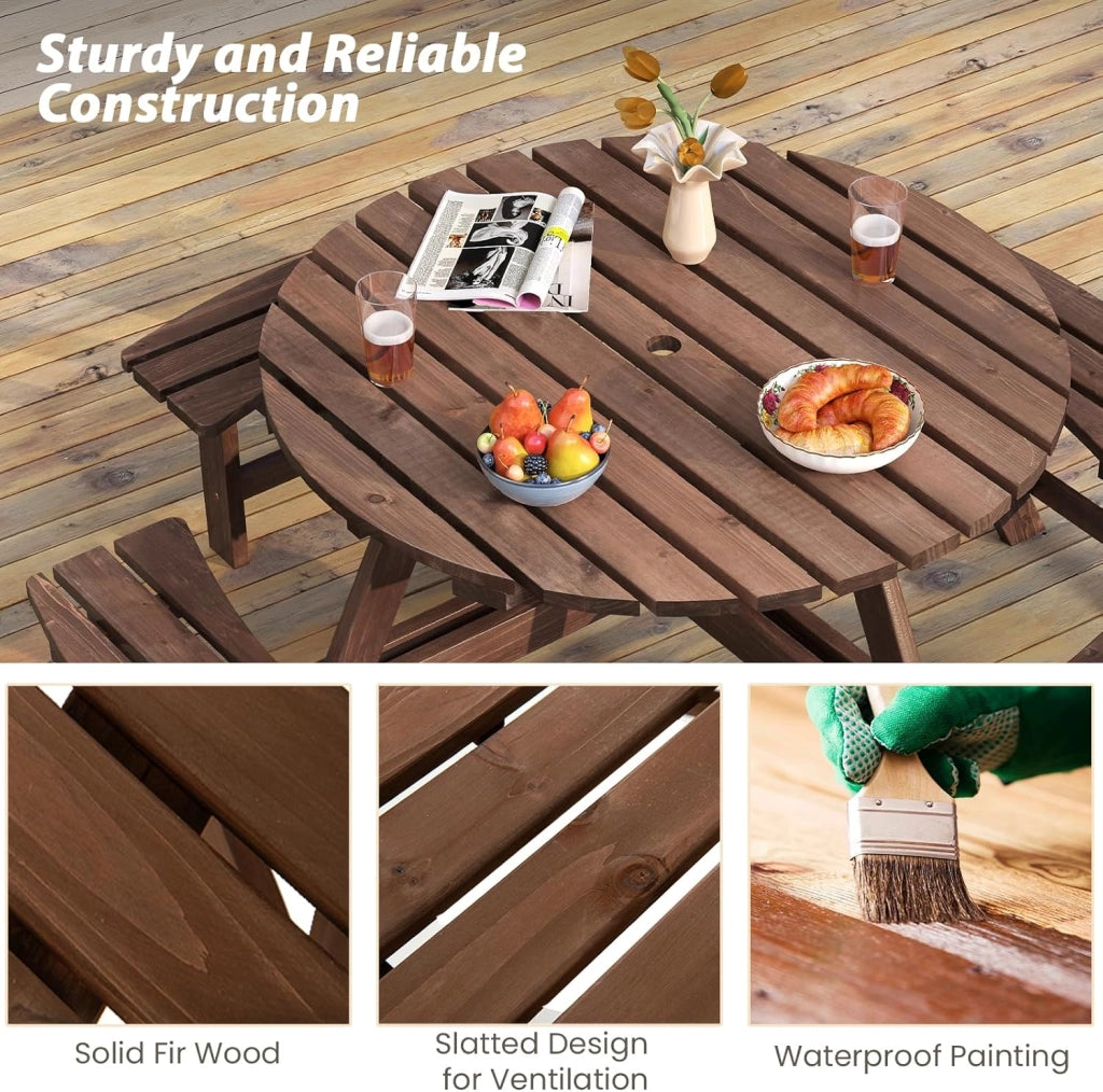Tavolo da Picnic per 8 Persone con Foro per Ombrellone, Tavolo con Panche in Legno di Abete, Set da Giardino Esterno per Bar, Agriturismo, Sagra, Patio, Balcone, φ179 x 70 cm (Marrone)