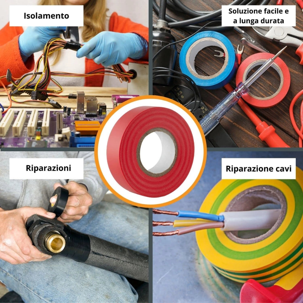 Kit nastro isolante in pvc autoestinguente multicolore per impianti sicuri *** colore rosso, dimensioni 15 mm x 10 mt...