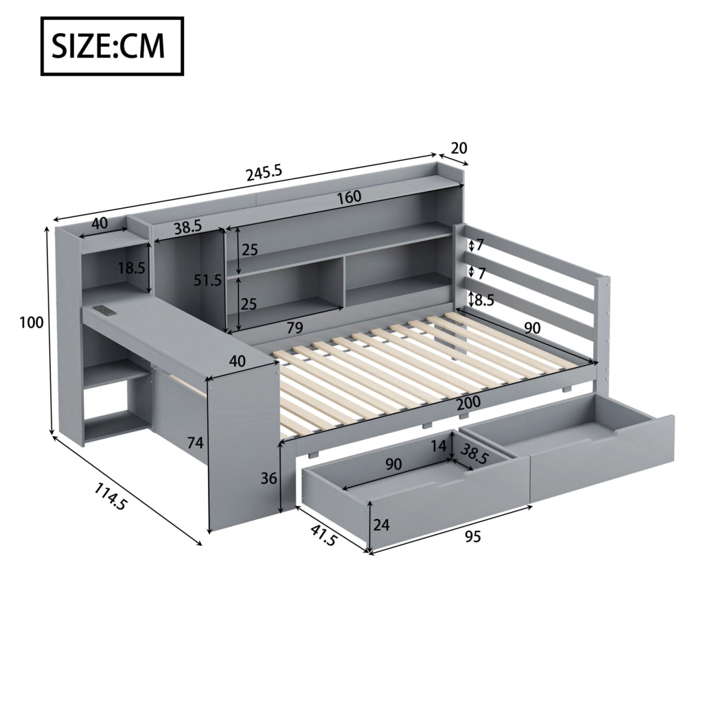 Sofa letto multifunzionale 90x200 cm in legno grigio con scrivania; prese USB e vani contenitore