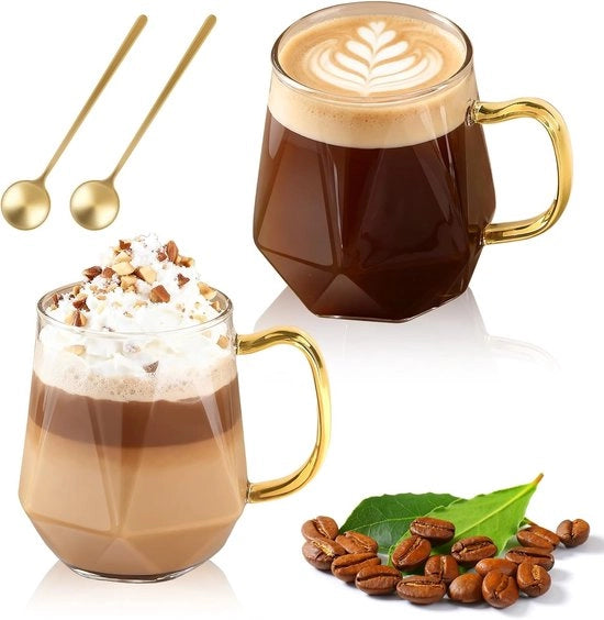 Set di Caffè Macchiato in Vetro 2-Del 350 ml – Caffè in Vetro Spesso con Bocchetta e Cucchiaio – Vetro Resistente al Calore