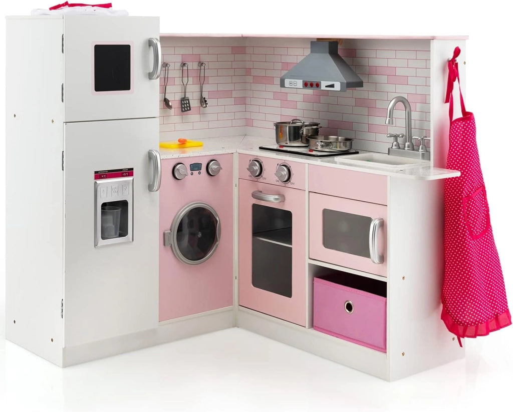 Cucina Giocattolo per Bambini in Legno, Mini Cucina Angolare per Bambini con Luci e Suoni Interattivi e Accessori per Cucina, Ideale per 3+ Anni, Rosa