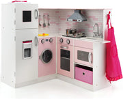 Cucina Giocattolo per Bambini in Legno, Mini Cucina Angolare per Bambini con Luci e Suoni Interattivi e Accessori per Cucina, Ideale per 3+ Anni, Rosa