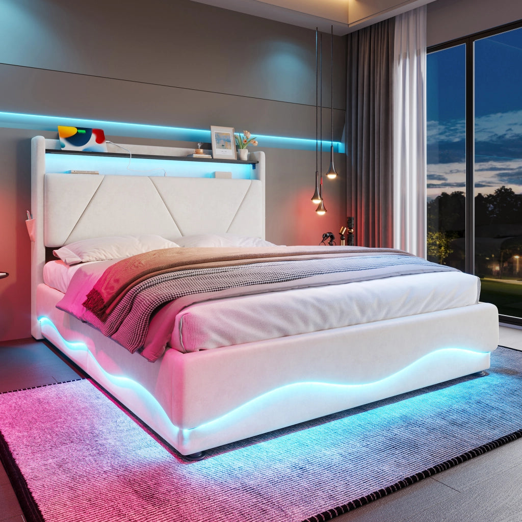 OKWISH Letto Contenitore 160×200 cm, Letto Matrimoniale con LED Regolabile, USB, Tipo C, Mensole e Tasche Laterali, senza Materasso, in Velluto, Beige