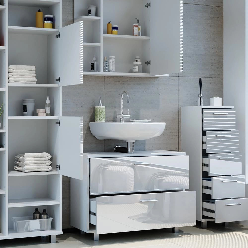 Set di mobili da bagno Ilias, Bianco lucido, 80.2 cm, composto da mobile lavabo, pensile a specchio, colonna e base media