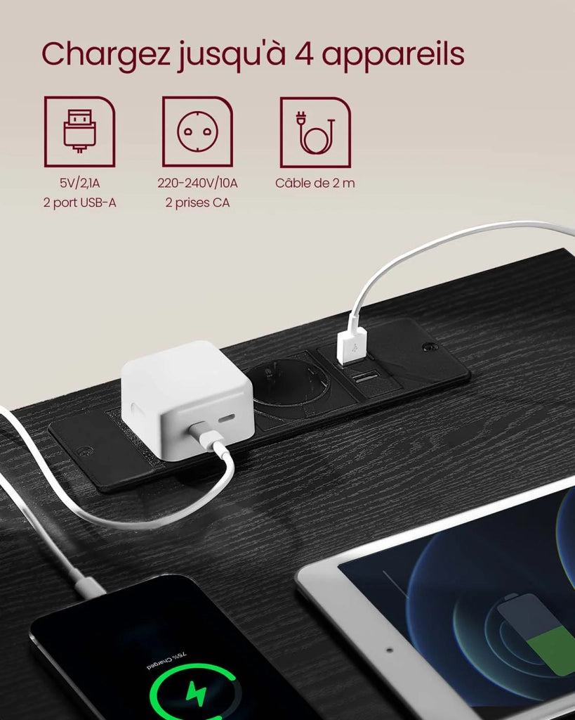 Comodino con multipresa tavolino con 2 cassetti 2 prese CA 2 porte USB-A per soggiorno camera da letto ufficio moderno nero 12_0007606
