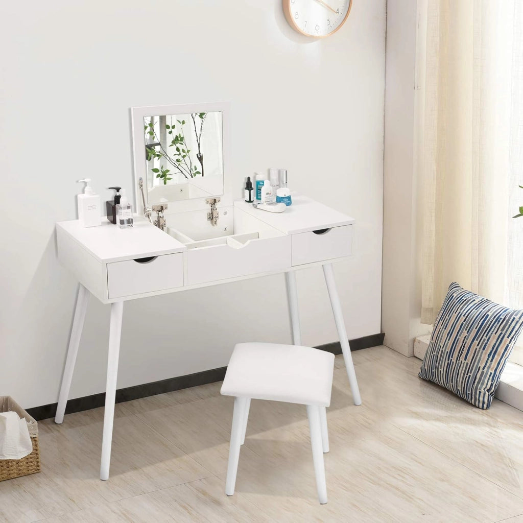 EUGAD Toeletta da Trucco con Specchio Pieghevole, Tavolo da Toeletta con Sgabello ben Imbottito, Scrivania con 2 Cassetti, Moderno, Legno, Bianco, 100x40x75 cm