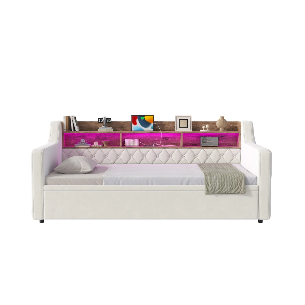 Divano letto estraibile 90x190 cm in velluto beige con LED e USB Type-C