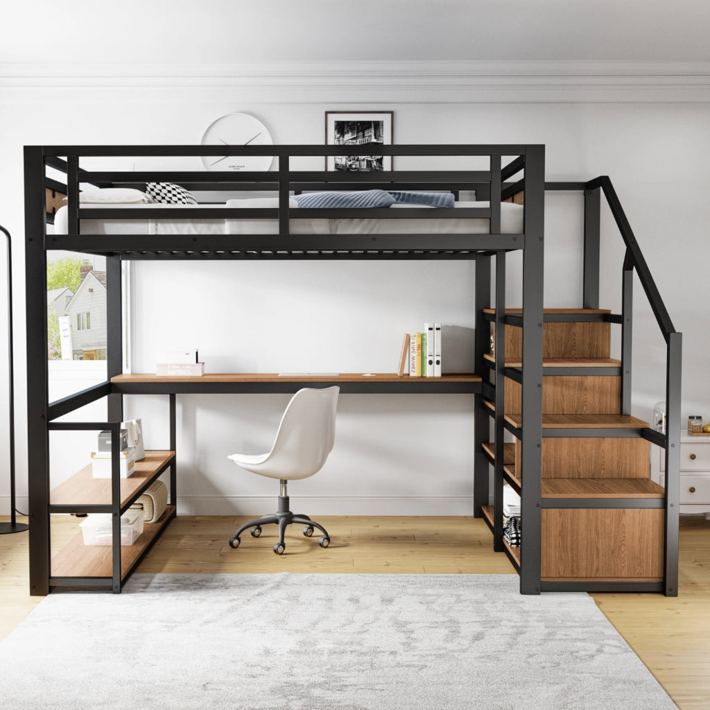 Letto a soppalco 140×200 cm; Matrimoniale con Scala Contenitore; Scrivania e Scaffali; senza Materasso; Nero