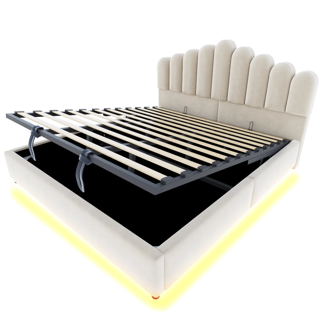 Letto imbottito 180x200 cm con contenitore idraulico; LED; velluto beige