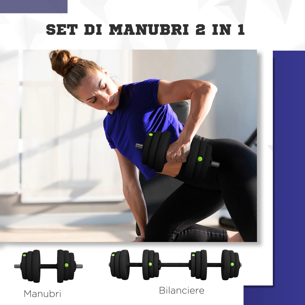 Set 2 in 1 con 2 Manubri Convertibili in Bilanciere Peso Totale 25 kg e Dischi Pesi Regolabili Nero