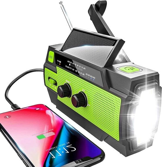 Radio a batteria solare - AM/FM radio portatile - radio a pile con batteria ricaricabile 4000 mAh - torcia LED - allarme SOS e maniglia dinamo per campeggiare e viaggiare (verde)