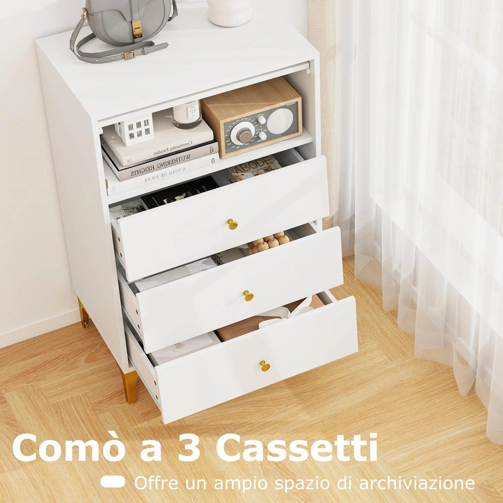 Cassettiera Camera da Letto con 3 Cassetti, Comodino Salvaspazio con Scomparto con Vetrina Ribaltabile, Mobile per Soggiorno Ingeresso e Studio, 60 x 40 x 95,5, Bianco