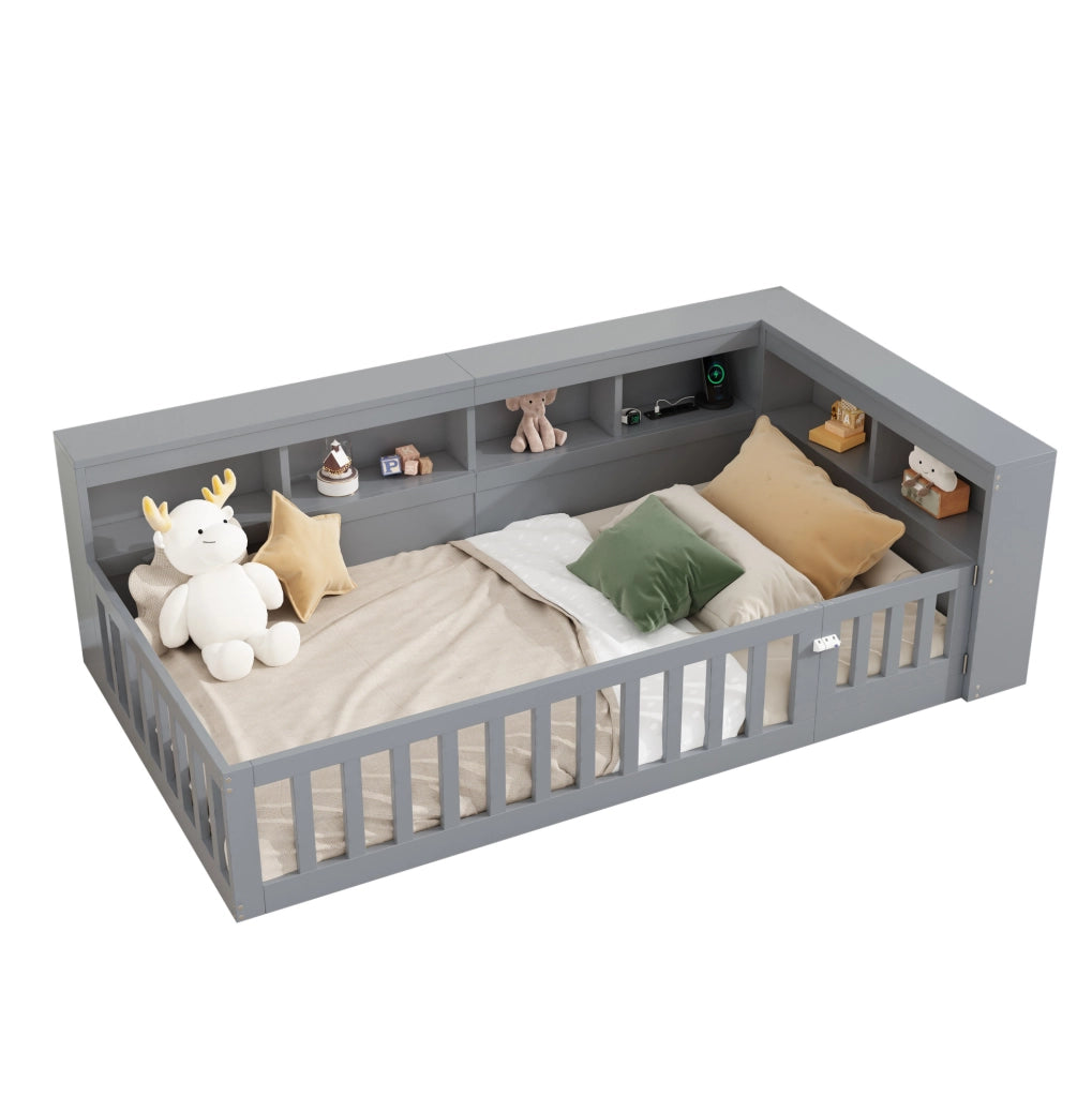 Divano letto 90x200 cm con presa USB e vano portaoggetti in truciolare e MDF grigio