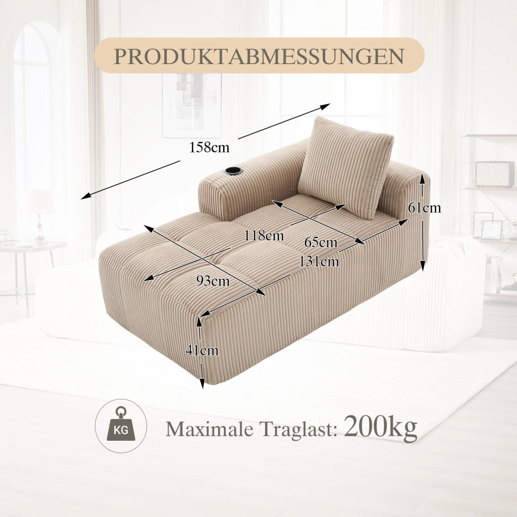 Fauteuil relax in tessuto corduroy con tasche laterali e portabicchieri, imbottitura in schiuma, compatto kaki