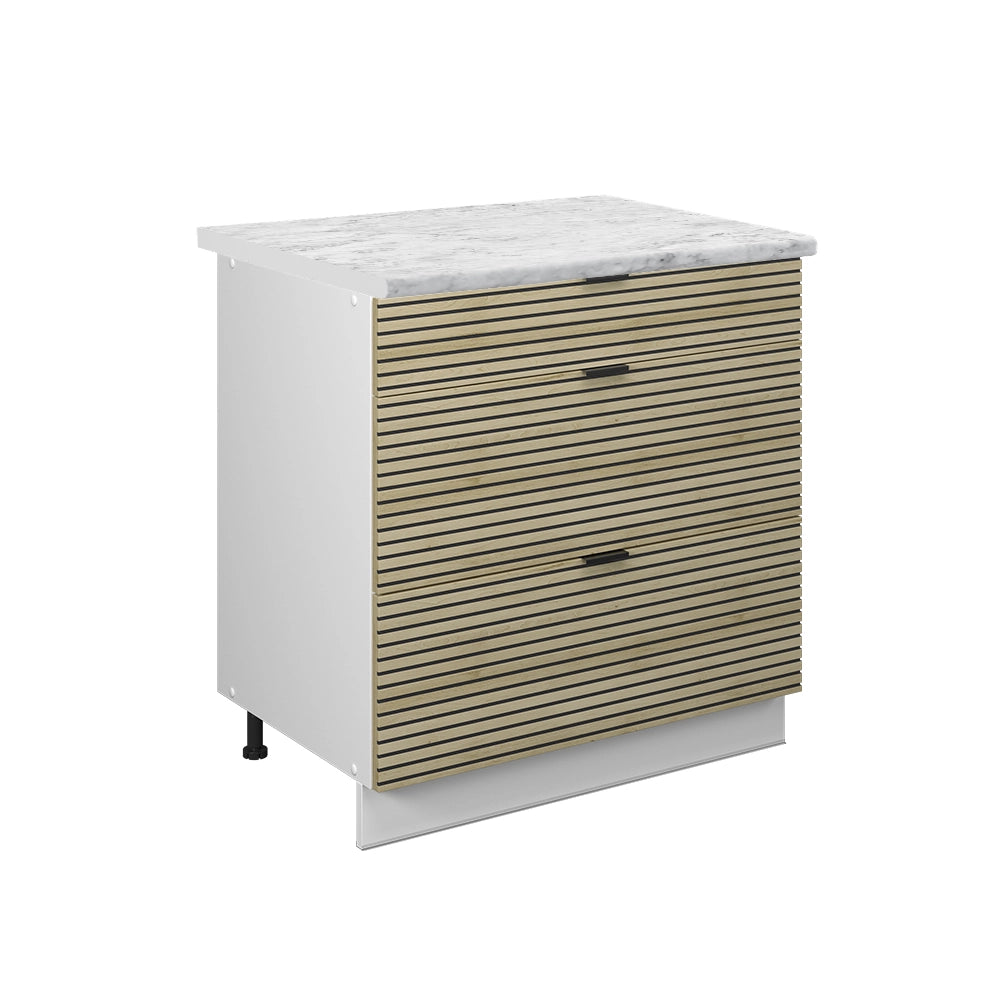 Mobiletto base per cucina Fame-Line Pannello in quercia/Bianco 80 cm con 3 cassetti, PL Marmo Vicco