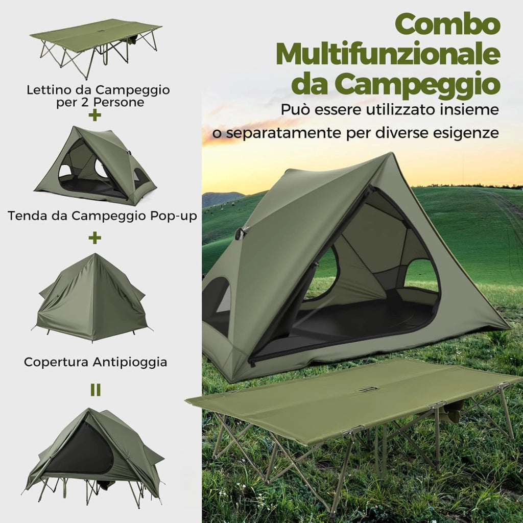 Tenda da Campeggio per 2 Persone, Tenda Impermeabile e Pieghevole con Tenda Pop-up, Letto da Campeggio, Borsa con Ruote, Telo Antipioggia, 2 Porte a Rete e Finestre per Spiaggia e Campeggio