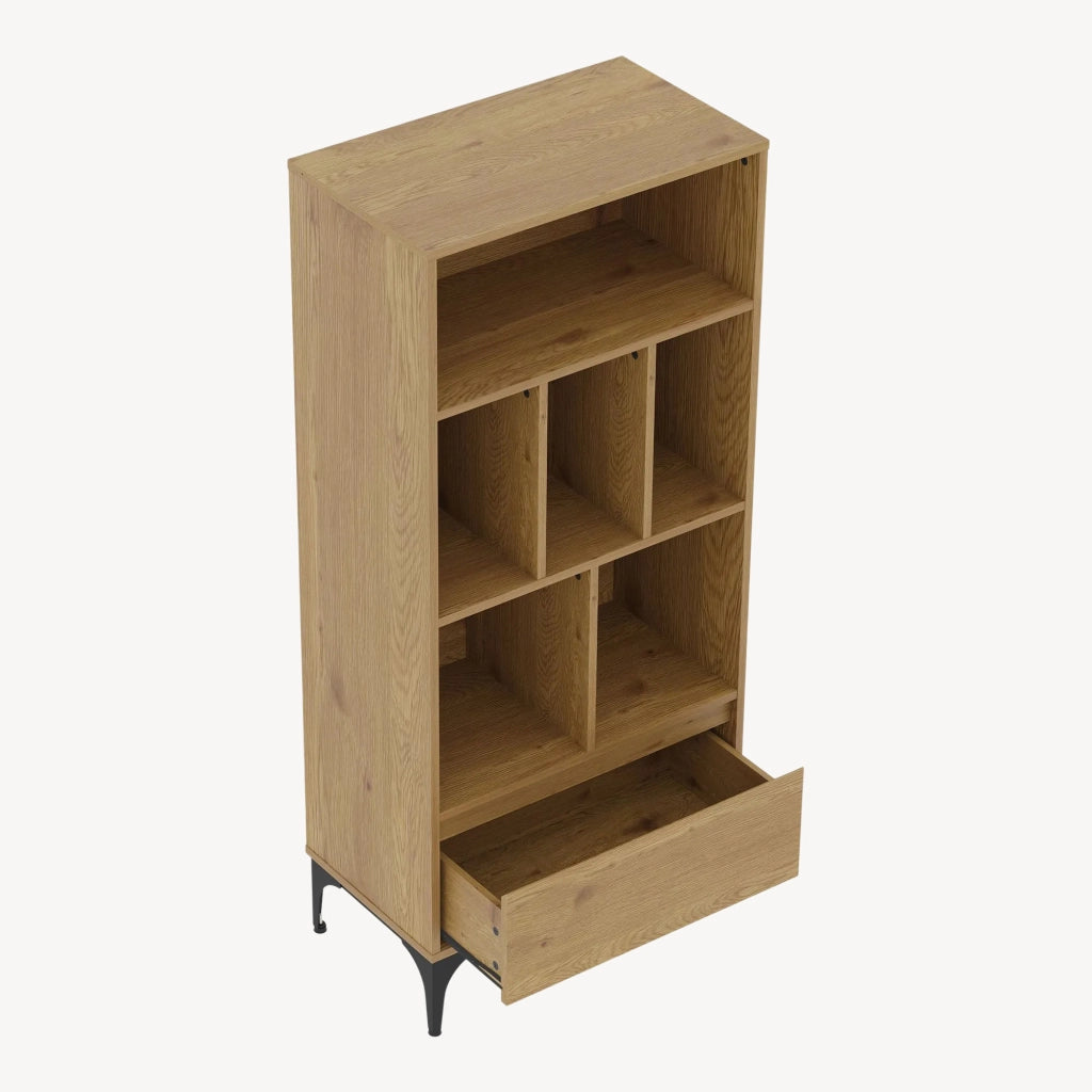 Libreria Kistiandi con 6 Vani Aperti e Cassetto 137 x 60 x 35 cm - Effetto Rovere Scuro [en.casa]