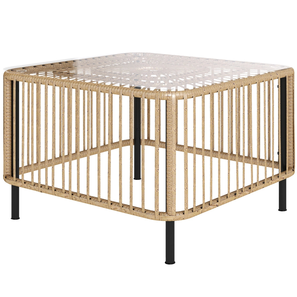 Tavolo da giardino in polirattano; 65 x 65 x 43 cm; tavolino laterale resistente alle intemperie; quadrato con piano in vetro; legno naturale