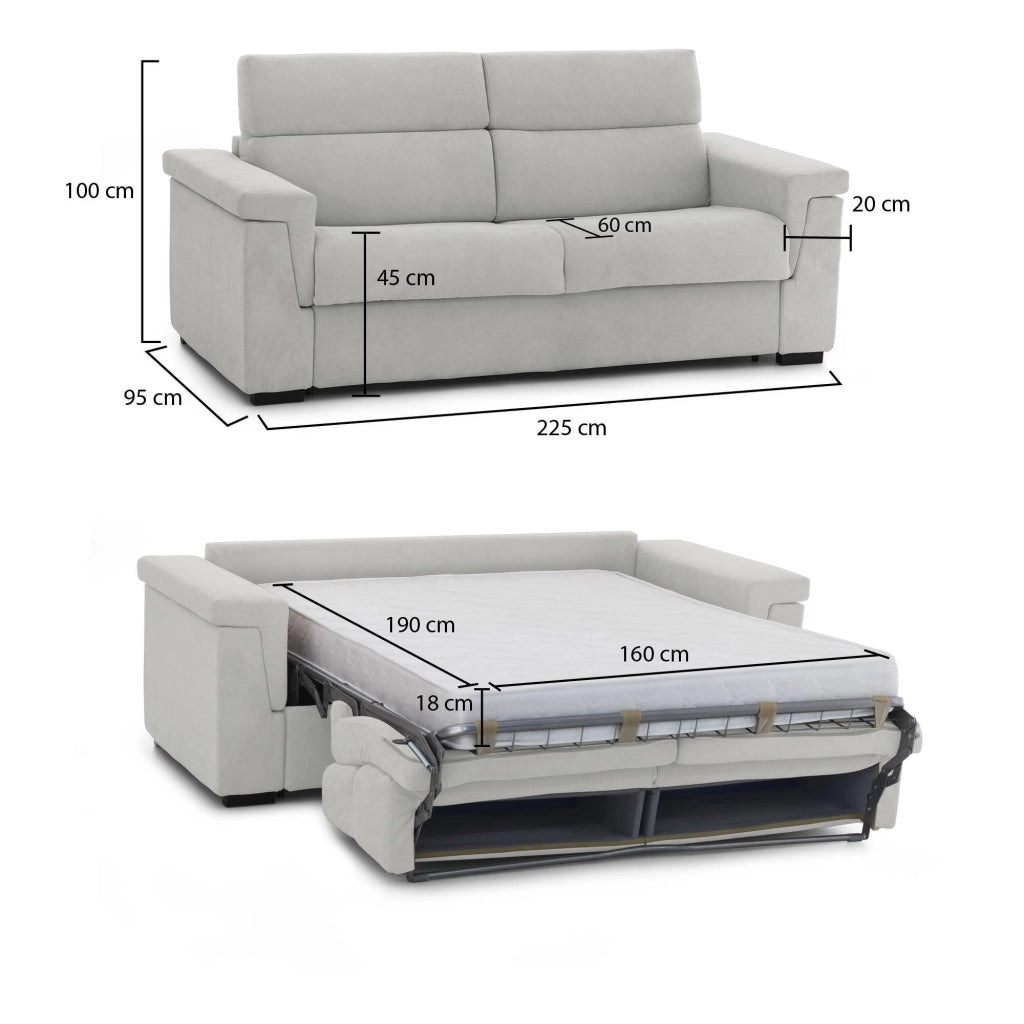 Benedetto, Divano Letto 3 Posti Sfoderabile Made in Italy, 225x95 cm Grigio Chiaro