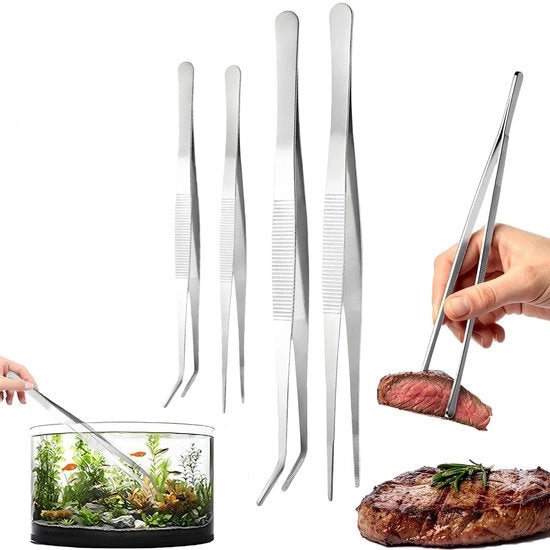 Set di Pinze 4 Pezzi - 2 Dritte/Curve - Pinza da Cucina - Manico di Acciaio Inossidabile - 20/30 cm - Per Aquascaping/Terricoltura