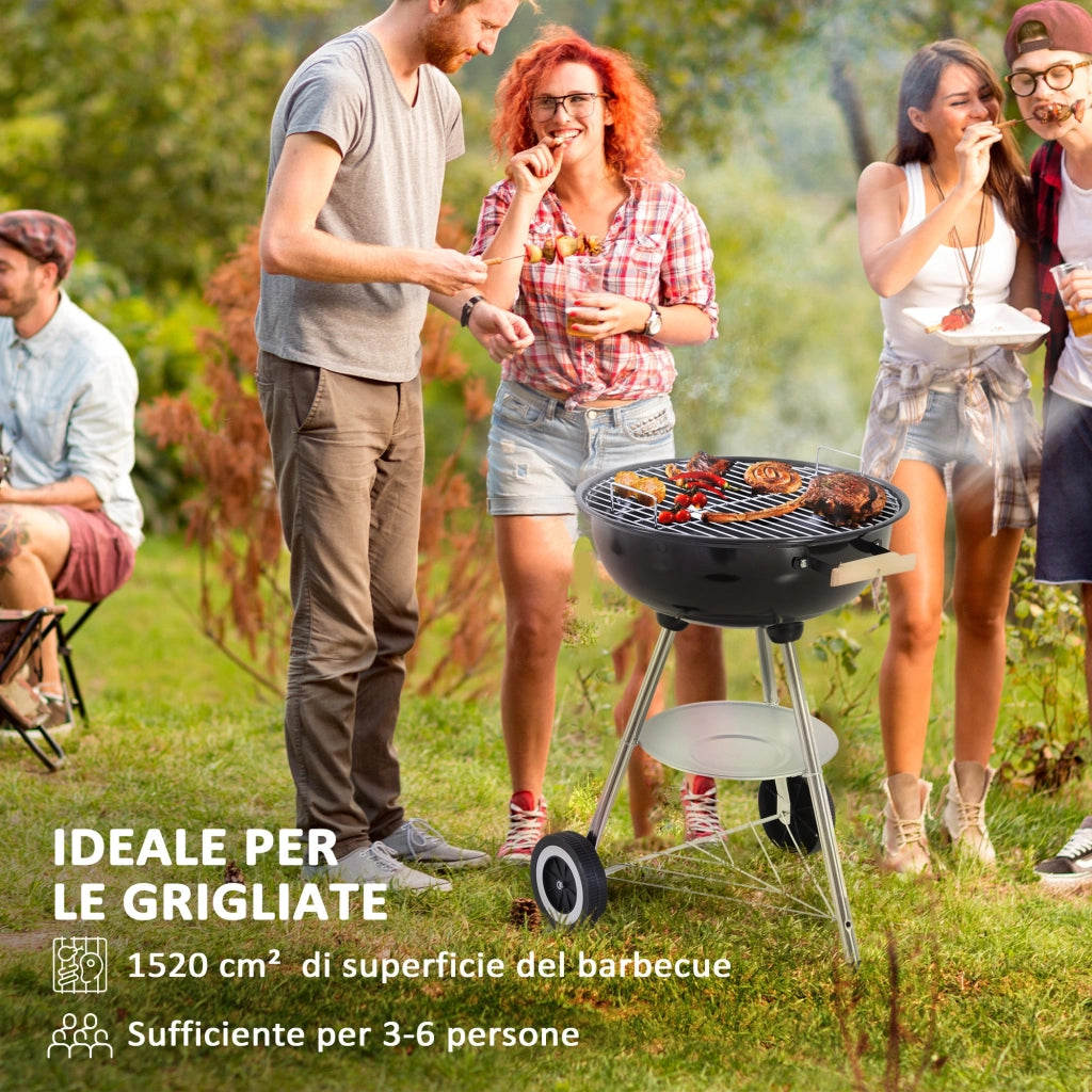 Barbecue a Carbonella con Griglia in Acciaio Coperchio e Prese d'Aria e Ruote Nero