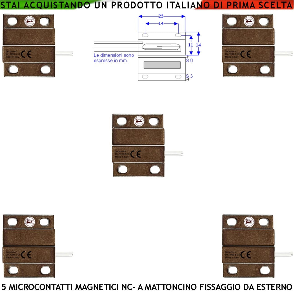 Contatto Magnetico Micro Marrone per Allarme di Infissi 5 Pezzi Reed NC in Ampolla Sottovuoto Campo Attrazione 10 mm Tensione Max 100 V Corrente 1 A Contenitori con Fori di Fissaggio IP65 4 Fili
