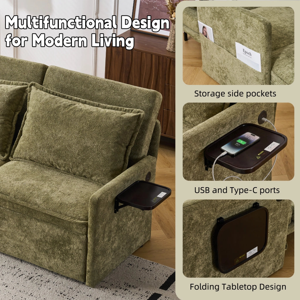 Divano letto pieghevole con schienale regolabile a 5 posizioni, tasche laterali, porta USB e Type-C, in chenille verde