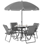 SET DA GIARDINO 6 PEZZI IN ACCIAIO CON 4 SEDIE PIEGHEVOLI OMBRELLONE E TAVOLO ROTONDO GRIGIO E NERO