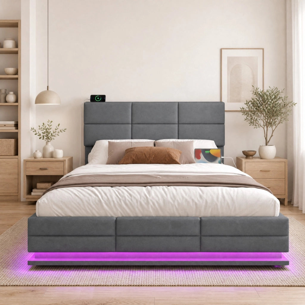 LETTO 160x200 cm in velluto grigio scuro con testiera regolabile e LED