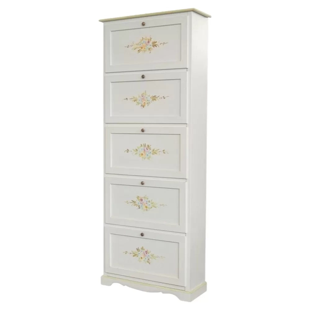 Scarpiera 5 ante shabby bianco decorato filo verde 79x30x210 - Mobili 2G